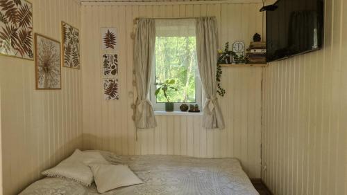 Mini saunahouse في Bašķi: غرفة نوم بها سرير ونافذة