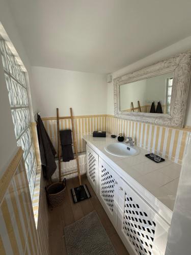 a bathroom with a sink and a mirror at Maison d'hôte Yourehome 2 belles chambres à louer individuellement dans un écrin de verdure in La Hulpe