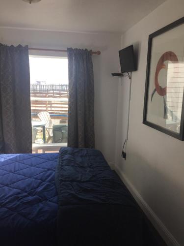 a bedroom with a bed and a window with a view at Dolphin Cove Motel in Pismo Beach