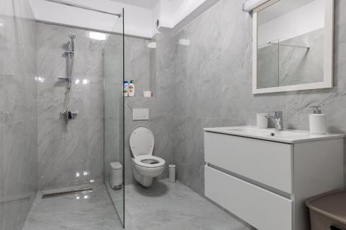 a bathroom with a shower and a toilet and a sink at Urban Retreat 1BDR Craiova in Bordeiu