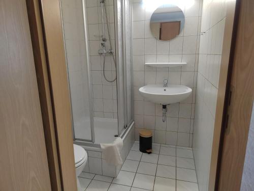 a bathroom with a shower and a sink and a toilet at Pension Schachtblick in Bleicherode