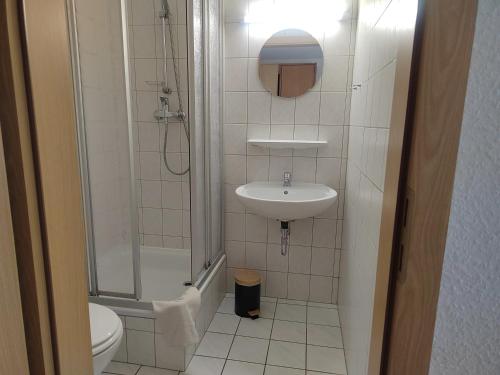 a bathroom with a sink and a shower and a toilet at Pension Schachtblick in Bleicherode
