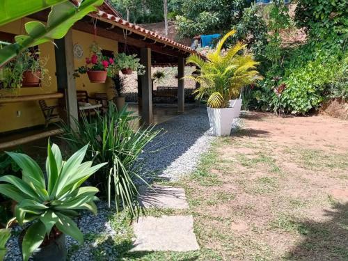 einen Garten mit Topfpflanzen und ein Haus in der Unterkunft Suítes em Casa linda na Serra Paty do Alferes Rj in Paty do Alferes