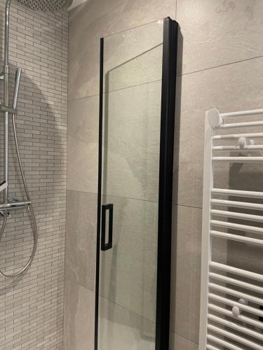 a shower with a glass door in a bathroom at Appartement Haut de Gamme neuf avec deux terrasses - 6 personnes - App 102 in Saint-Sorlin-dʼArves