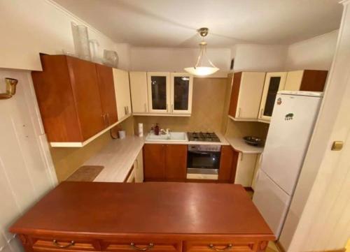 SkorkaにあるLodgia Apartmentsの小さなキッチン(木製キャビネット、白い冷蔵庫付)