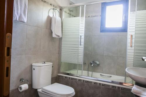 a bathroom with a toilet and a sink and a shower at Villa Xenia in Karavadhos