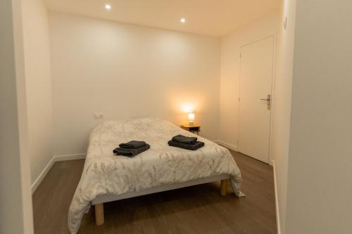圣布里厄Yassam- Le 103- Appartement - Gare- wifi的一间卧室,配有一张带两个黑袋的床