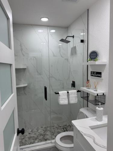 a bathroom with a shower with a toilet and a sink at Apartment in Tampa