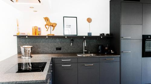 a kitchen with black and white cabinets and a sink at COSMOPOLITAN APARTMENTS Zürich Seefeld in Zürich