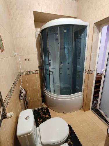 a bathroom with a toilet and a large mirror at Двокімнатна квартира біля Сіті-центру in Mykolaiv