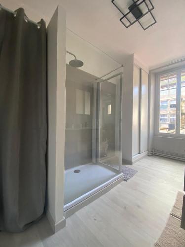 a bathroom with a glass shower in a room at Appartement hyper-centre Épinal in Épinal