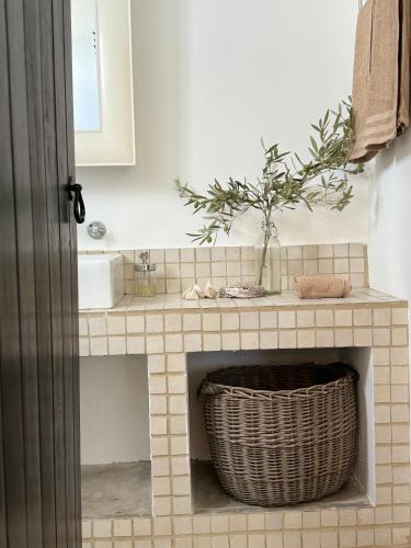 a bathroom with a plant in a basket on a counter at Alentejo Living in Messejana