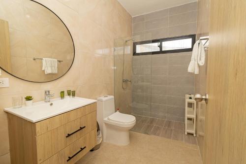 a bathroom with a toilet and a sink and a mirror at Cozy 1-BR Apartment in Bayahibe in San Rafael del Yuma