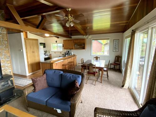 un chat assis sur un canapé dans un salon dans l'établissement Inviting Cabin Getaway on a Private Lake on the Kenai Peninsula, Alaska, à Kasilof