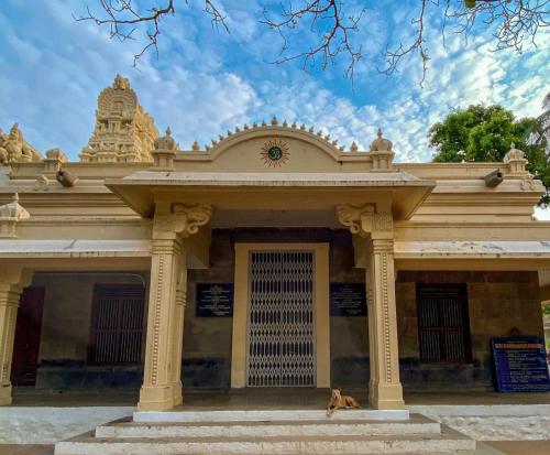 蒂鲁瓦纳马莱Sri Arunachala Rooms的坐在建筑物前的狗