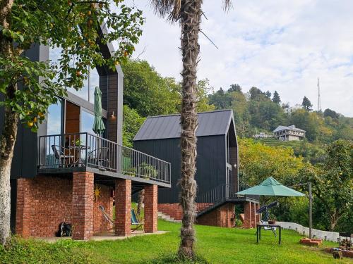 a black house with a balcony and a tree at Green Hill in Batumi