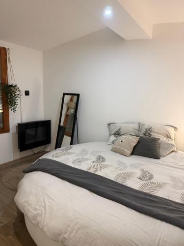 a white bed in a room with a television at Cosy Room Trèbes in Trèbes