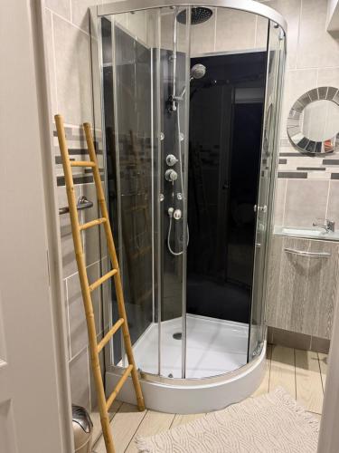 a shower with a glass enclosure in a bathroom at Cosy Room Trèbes in Trèbes