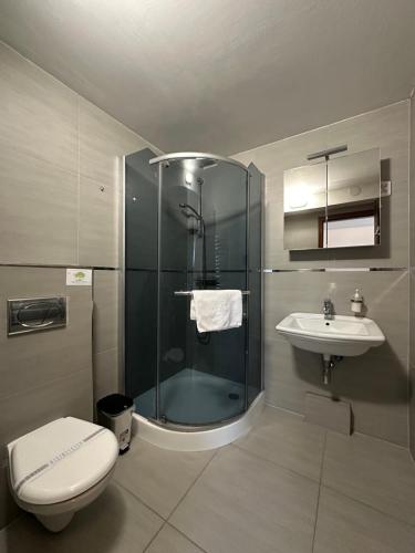 een badkamer met een douche, een toilet en een wastafel bij Penzion Laskala in Tišnov
