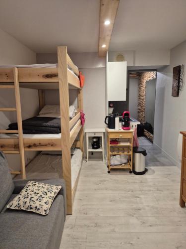 a living room with bunk beds and a couch at Studio LE CORBIER in Villarembert