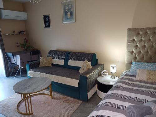 una sala de estar con un sofá y una cama en Elegant F1 proche tramway et plage, en Niza