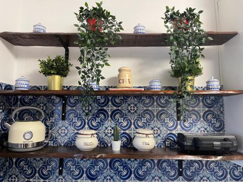 a shelf with plants and pots on a wall at Villa Bouro - Breathtaking scenery near Gerês in Terras de Bouro