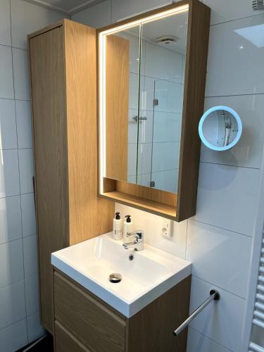a bathroom with a sink and a mirror at Pinkeltje in Aagtekerke
