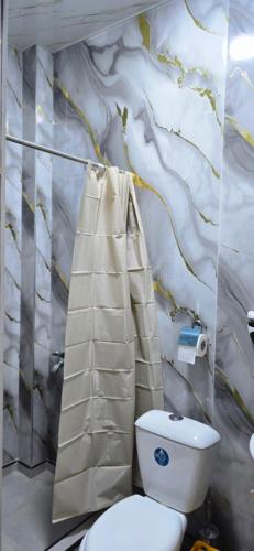 een badkamer met een wit toilet en een marmeren muur bij Apartment TunHomeDom Vagharshapat Armenia in Vagharshapat