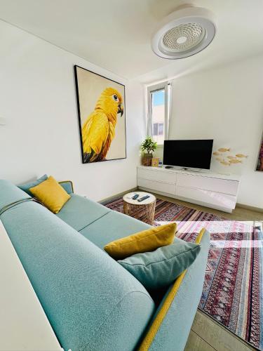 a living room with a blue couch and a television at AMBER APARTMENTS - SUNNY STUDIO in Morro del Jable