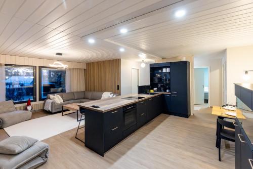an open kitchen and living room with a couch at Teddy's Hideout in Rovaniemi