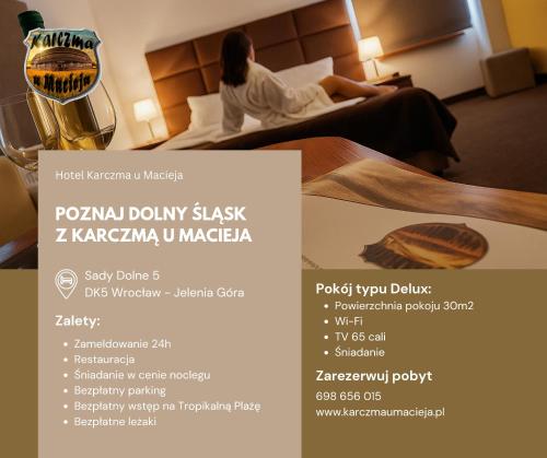 a flyer for a hotel room with a woman sitting on a bed at Hotel Karczma u Macieja in Bolków