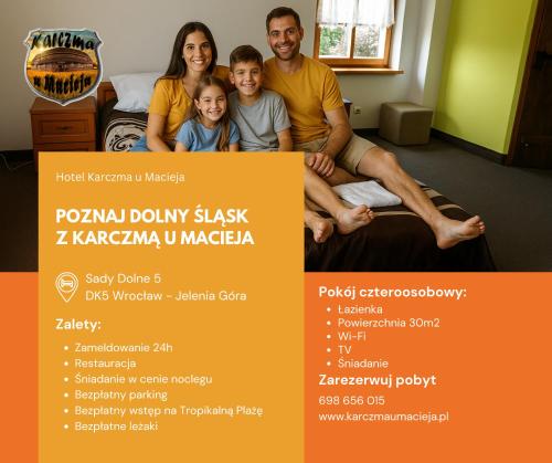 a family posing for a flyer for a clinic at Hotel Karczma u Macieja in Bolków