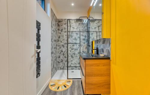a bathroom with a shower with a sink and a counter at Le Hameau Paisible in Butot