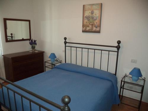 a bedroom with a bed with a blue blanket and a mirror at Dimora Aunti in Albinia