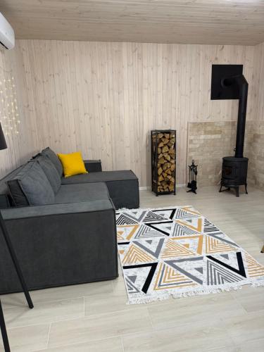 ein Wohnzimmer mit Couch und Kamin in der Unterkunft Porichka Home in Roslavichi