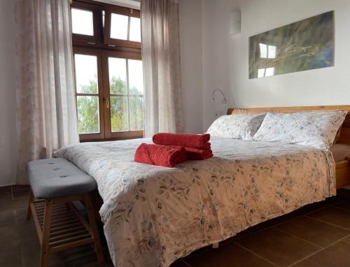 a bedroom with a bed with two red pillows and a window at Casa Gecko in Tijarafe