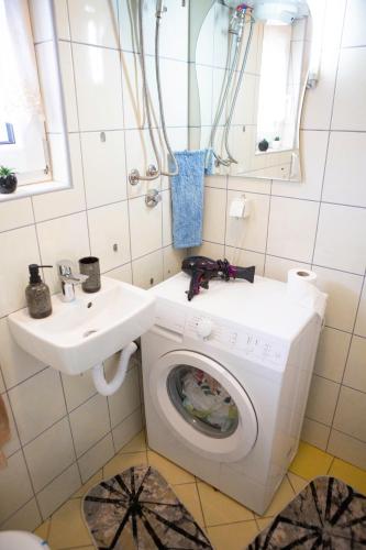 a bathroom with a washing machine and a sink at Planinska kuća S&I in Bjelašnica