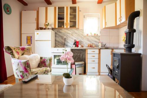 a kitchen with a table and a stove at Planinska kuća S&I in Dejčići