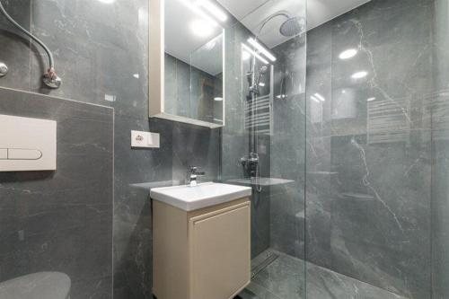 a bathroom with a sink and a shower at Studija-butas Markučiuose in Vilnius