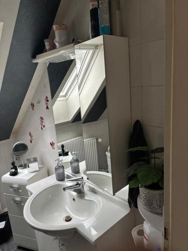 a bathroom with a sink and a mirror at Dein Zuhause auf Zeit! in Güster