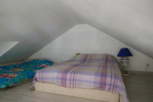 a bedroom with a bed and a lamp in a attic at Escapade Champêtre in Chevaigné