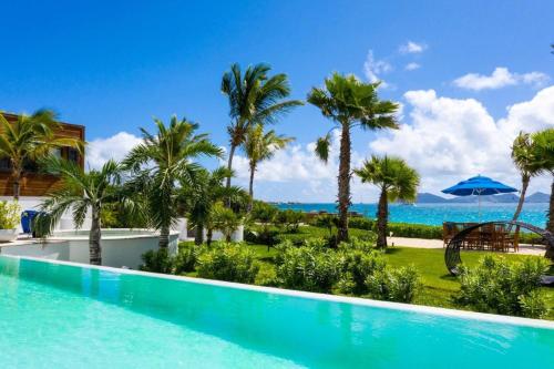 una piscina con palmeras y el océano en Villa Splendor Anguilla, en Rendezvous Beach