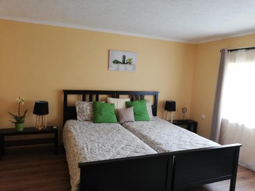 a bedroom with a large bed with green pillows at Téged Vártunk Vendégház in Bakonyoszlop
