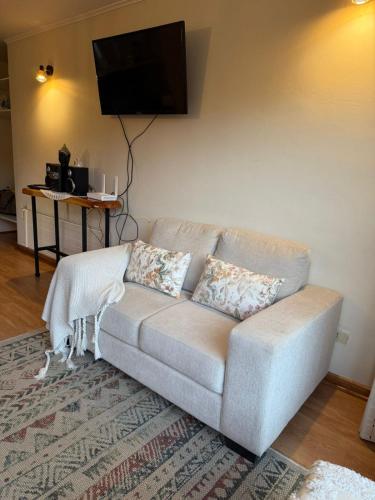 a couch in a living room with a flat screen tv at Nevados de chillan , edificio los coigues in Nevados de Chillan