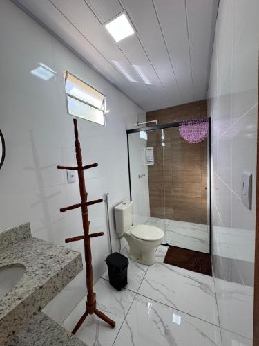 Un baño con inodoro y ducha de cristal. en Chalé Roda Dágua C, en Caparaó Velho