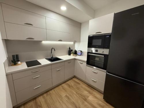 a kitchen with white cabinets and a black refrigerator at Veleslaveenka in Plzeň