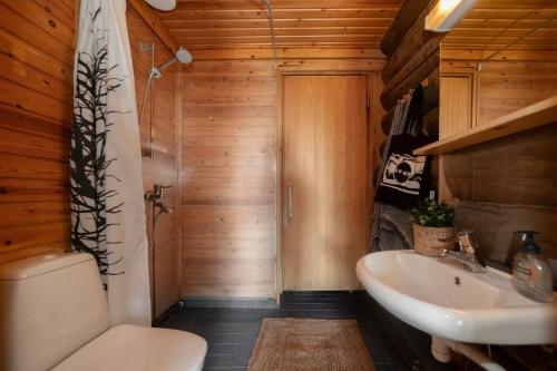 une salle de bains avec toilettes et lavabo dans l'établissement Charming Cottage on a Fell, à Pudasjärvi