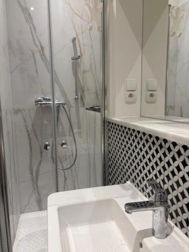 a bathroom with a sink and a glass shower at Apartament Dominic in Sopot