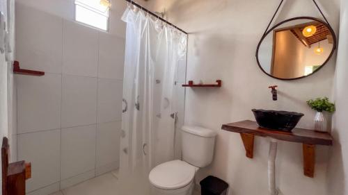 ein Bad mit einem WC, einer Dusche und einem Spiegel in der Unterkunft Casa Brisa das Aguas Piscina e Churrasqueira in Tatuamunha
