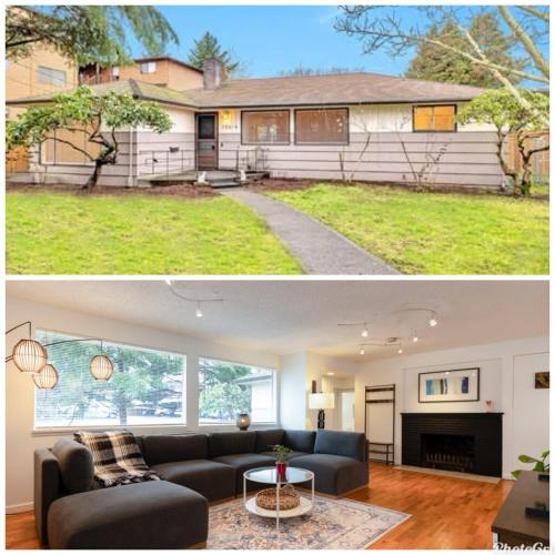 a living room with a couch in front of a house at Spacious Retreat 3 Miles to Airport 12 to Seattle in Burien